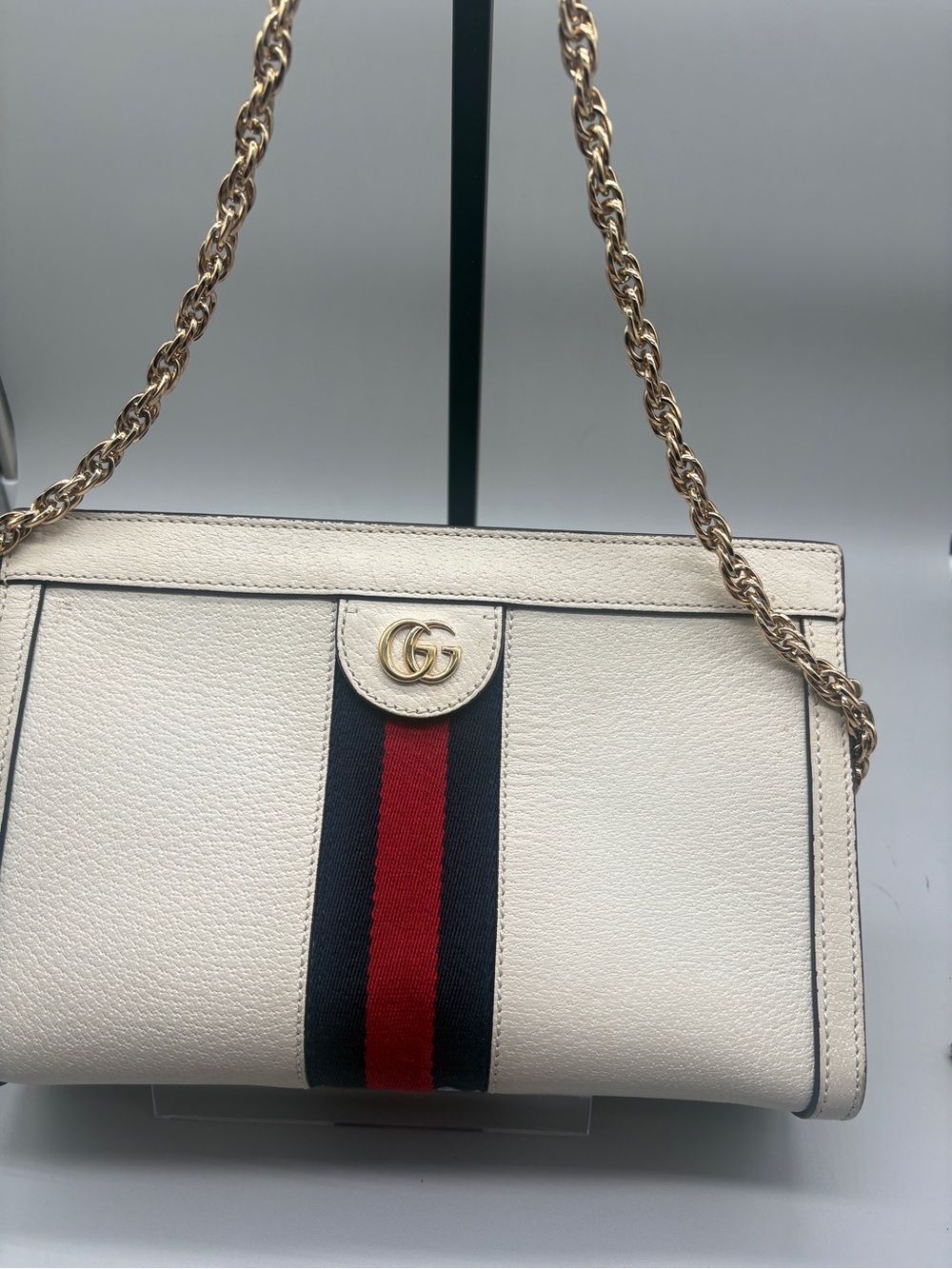 Gucci Ophidia Small White Leather Web Chain Shoulder Bag Entrupy COA